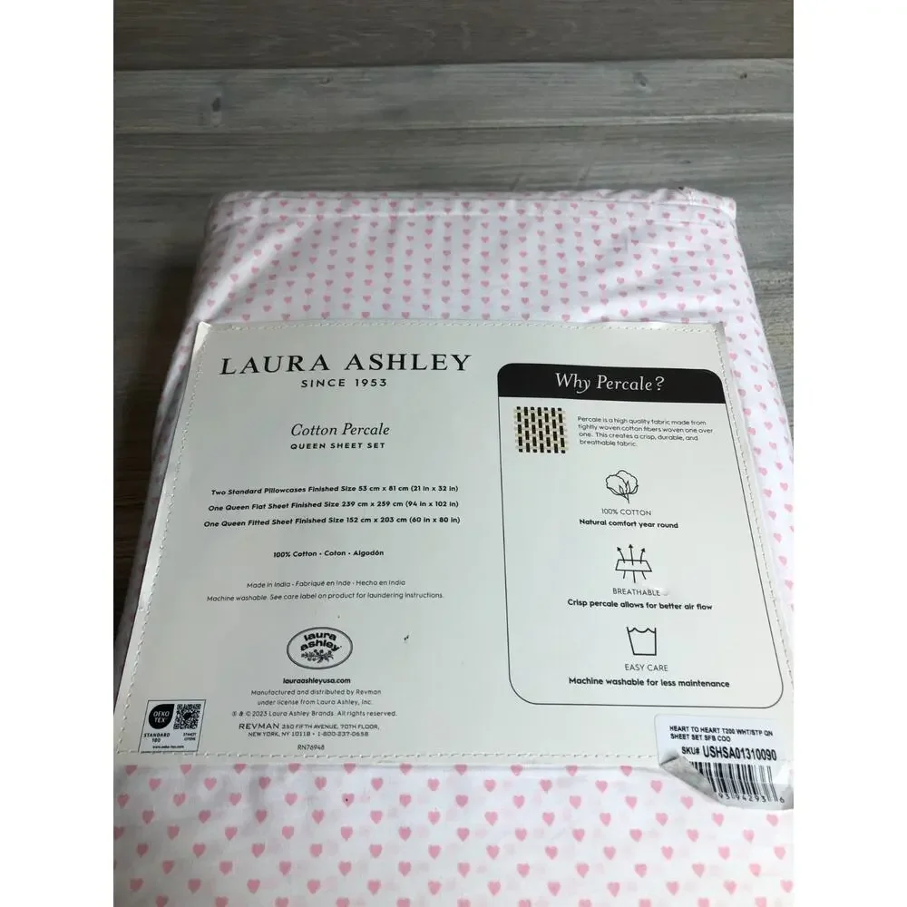Laura Ashley QUEEN Sheet set HEART TO HEART Pink & White cotton percale sheets
